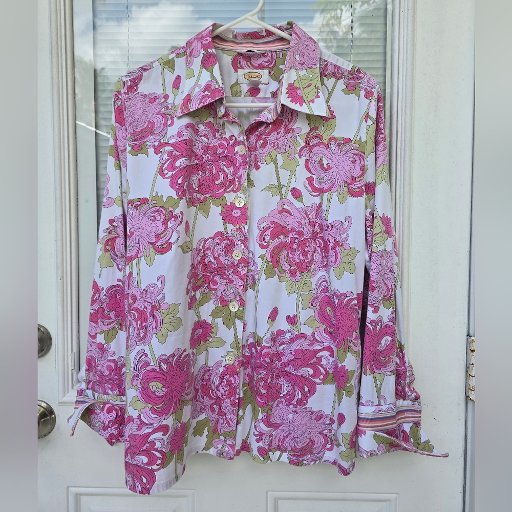 Talbots Pink and Green Floral Blouse 14